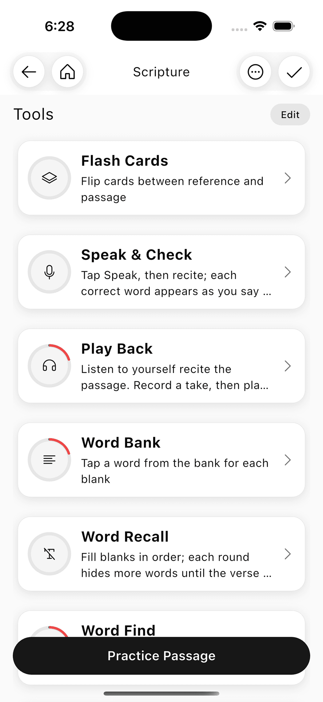 Steadfast memorization tools screen with practice options.