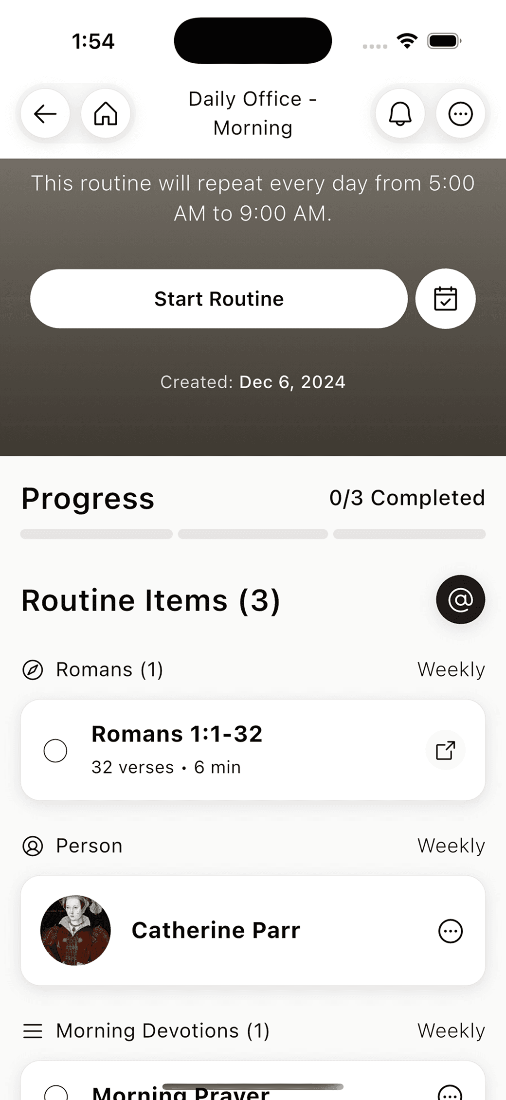 Steadfast routine screen with a list of routine items.